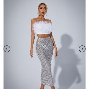 Mew mews Ansley Strapless Feather Mesh Skirt Set In White